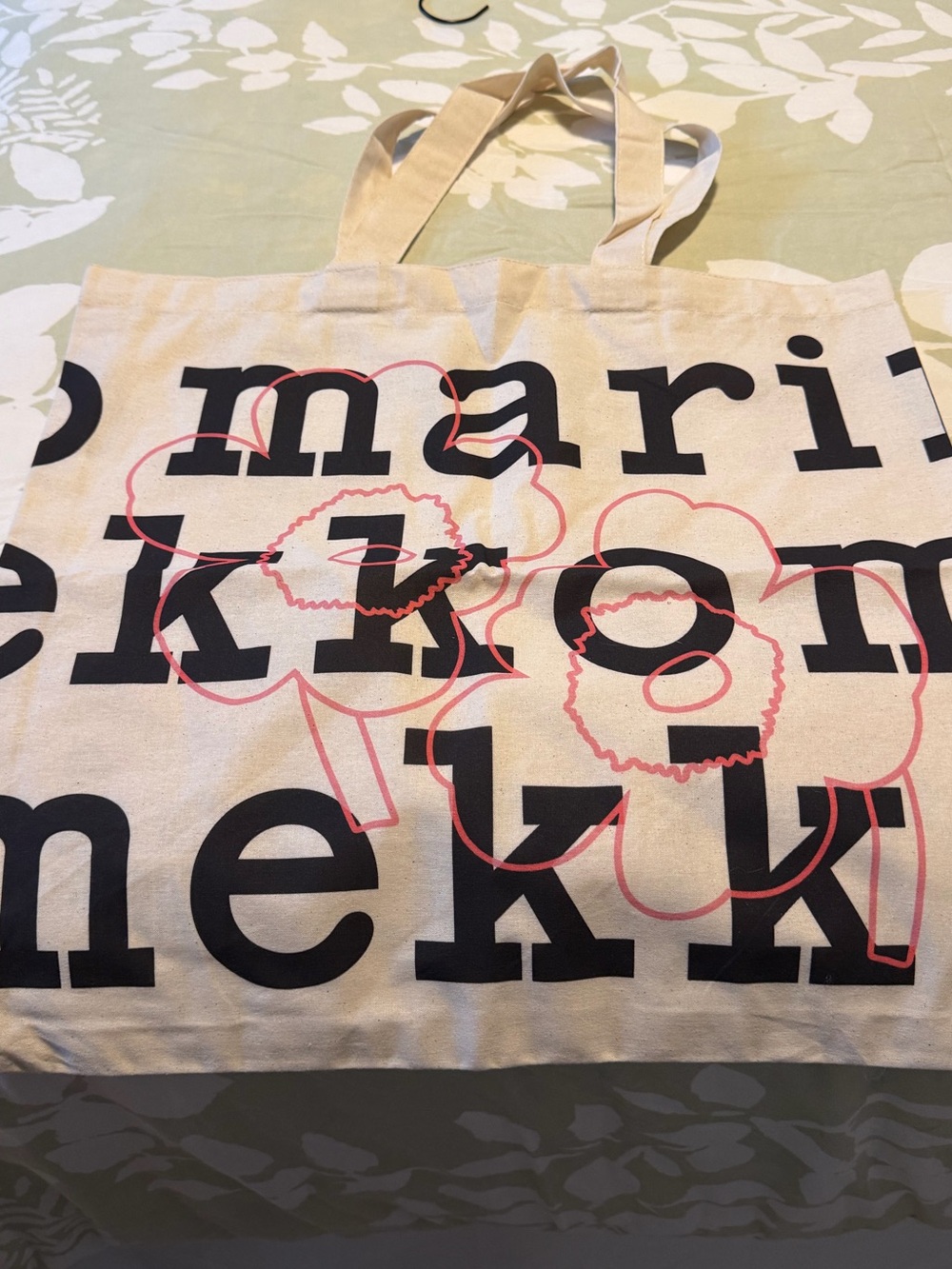 Marimekko Cream Canvas Tote with Black Logo and Pink Floral Outline
